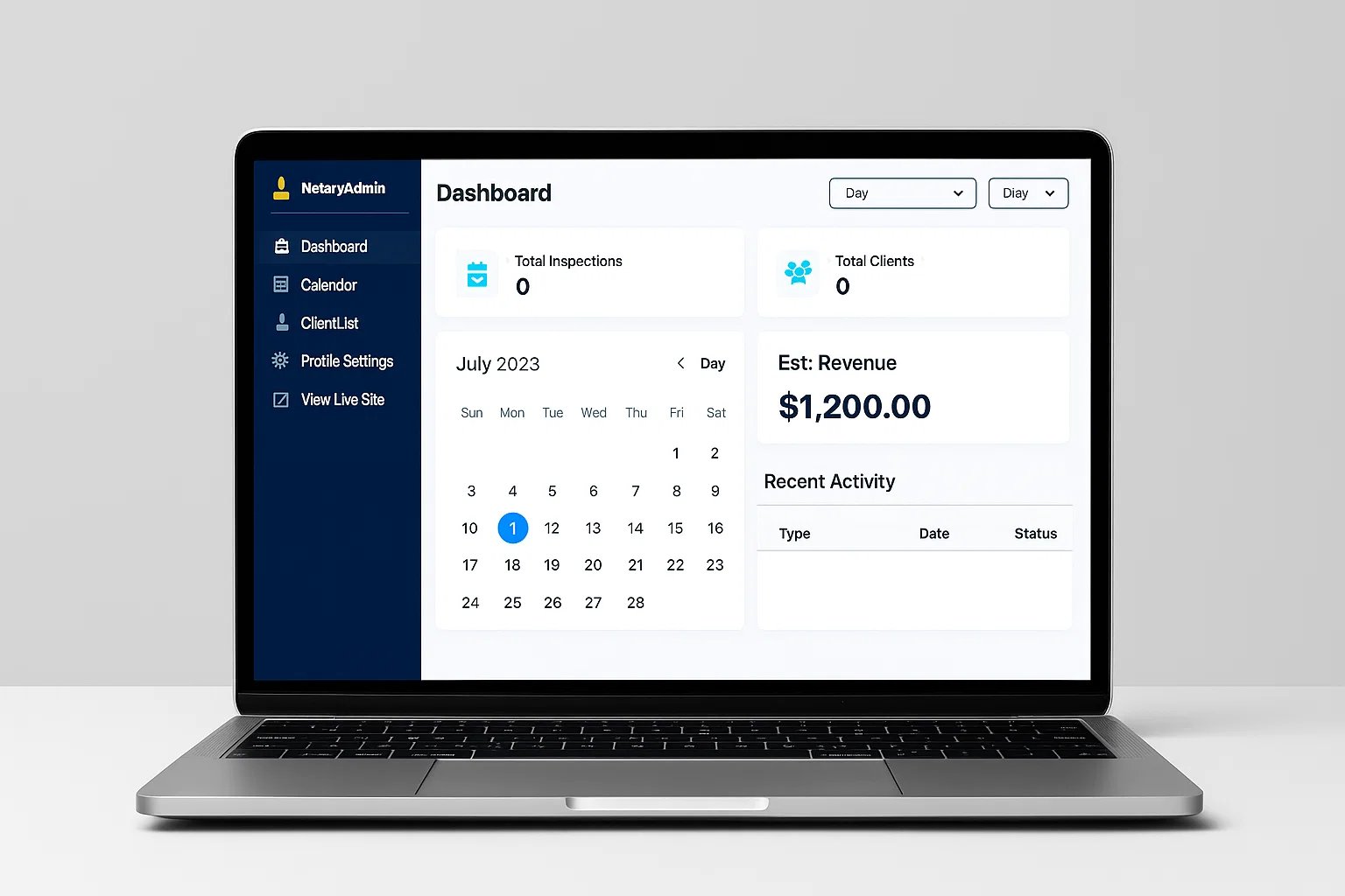 Custom Notary Website Dashboard Mockup